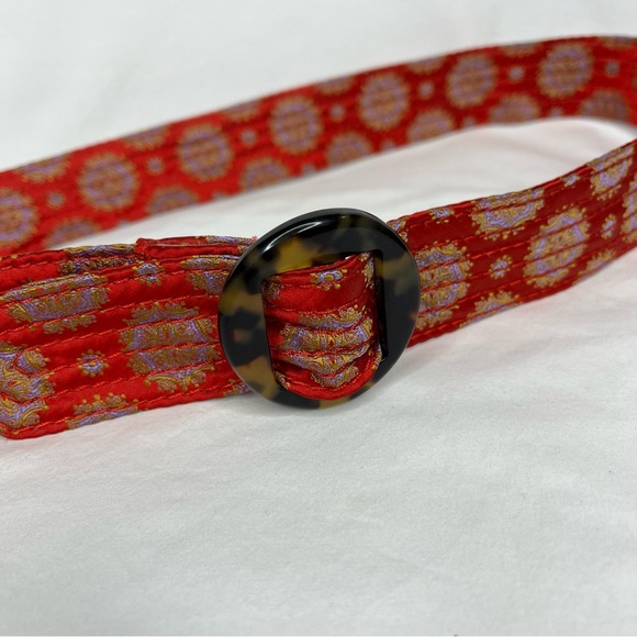 Bundle of 2 J. Crew 100% silk slide belts cream polka dot and ornate red - Picture 3 of 11